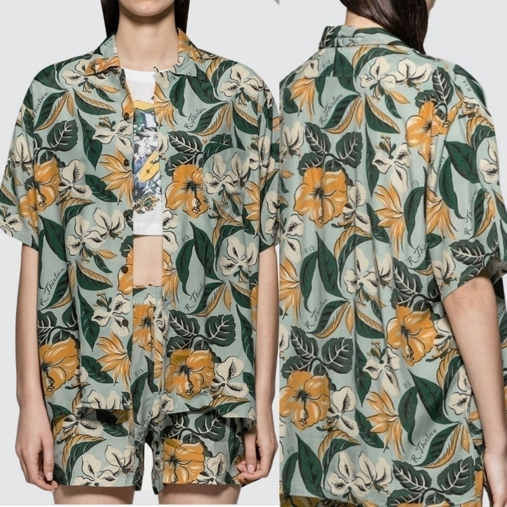 New R13 ​Logo Hawaiian Tropical-Print Oversized Unisex Shirt In Blue Floral NWT